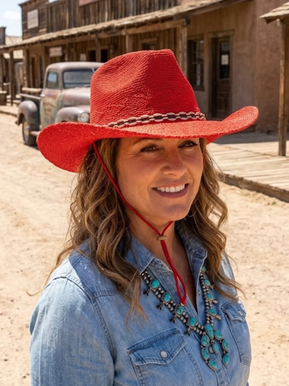Red Woven Knit Cowboy Hat with Gold Ribbon Accent Chin Strap Summer Western Hat - Picture 8 of 11
